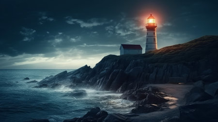 lighthouse on the coast at night. Generative AIの素材