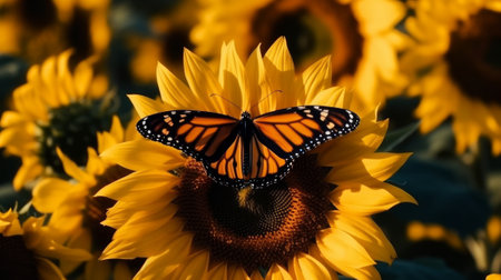 Monarch Butterfly on bright yellow sunflowers. Generative AIの素材