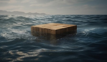 Photo wooden podium in the middle of the water. Generative AIの素材