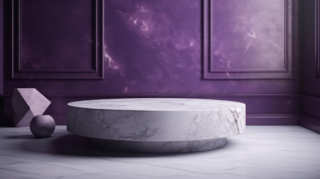 Photo round stone podium pedestal with purple table. Generative AIの素材