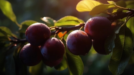 Ripe plums on a branch with leaves with rays. Generative AIの素材