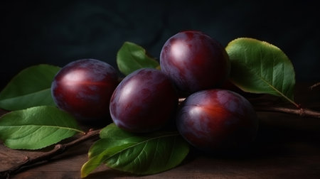 Ripe plums on a branch with leaves with rays. Generative AIの素材