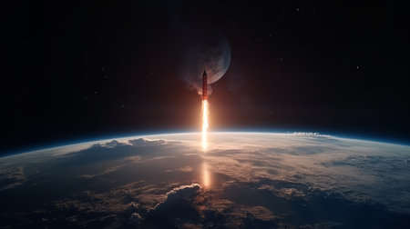Rocket flies on the background of the planet. Generative AIの素材