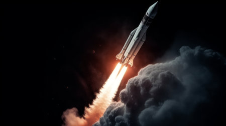 Rocket flies on the background of the planet. Generative AIの素材