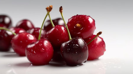 Ripe cherries on a white table. Generative AIの素材