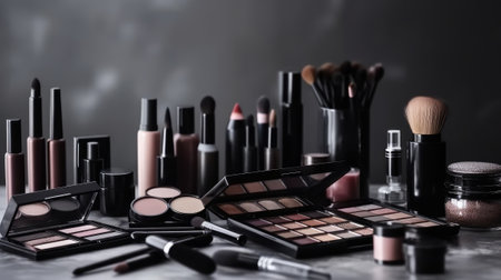 Various makeup professional cosmetics on white table. Generative AI.の素材
