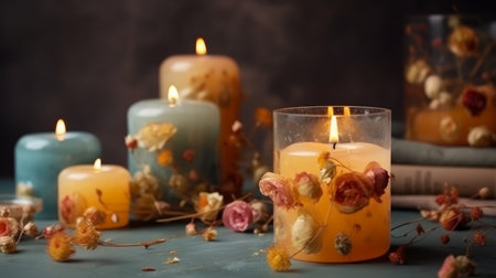 Wax candles and flowers on the table. Generative AIの素材