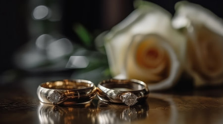 Wedding rings lie on the table. Generative AIの素材
