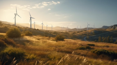 Wind turbines in sunny morning. Generative AIの素材