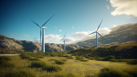 Wind turbines in sunny morning. Generative AIの素材