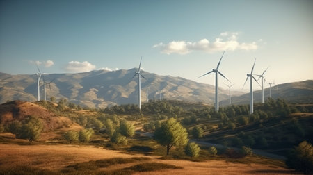 Wind turbines in sunny morning. Generative AIの素材