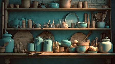 Kitchen shelves with utensils. Generative AIの素材