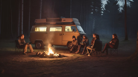 View of young people enjoying outdoor recreation near motorhome. Generative AIの素材