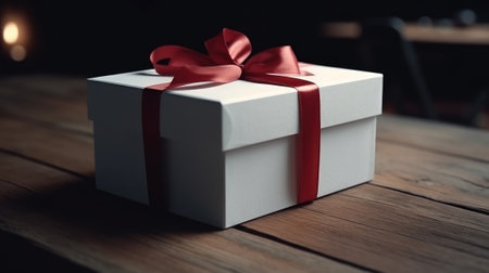 White gift box sitting on top of a wooden table. Generative AIの素材
