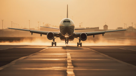 Airplane taking off or landing on airport runway. Generative AIの素材