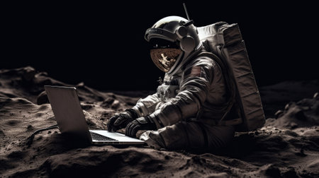 Astronaut in outer space working on a laptop. Generative AIの素材