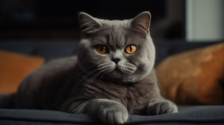 Beautiful little cat on a grey sofa. Generative AIの素材
