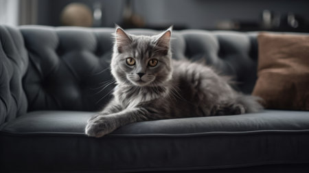 Beautiful little cat on a grey sofa. Generative AIの素材