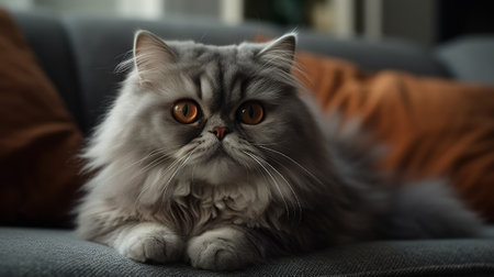 Beautiful little cat on a grey sofa. Generative AIの素材