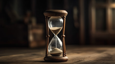 Close up hourglass on wooden background. Generative AIの素材