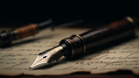 Fountain pen on an antique handwritten letter. Generative AIの素材