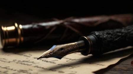 Fountain pen on an antique handwritten letter. Generative AIの素材
