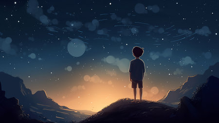 Illustration of a boy looking at night starry sky. Generative AIの素材