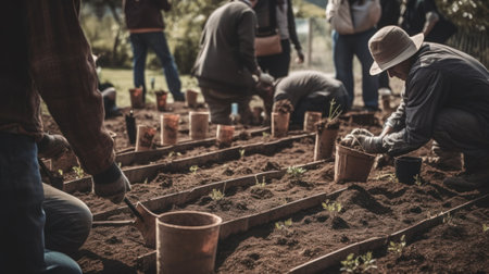 People planting trees or working in a community garden. Generative AIの素材