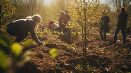 People planting trees or working in a community garden. Generative AIの素材