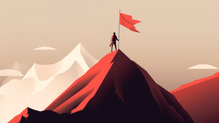 Businessman with flag standing on mountain top. Businessman climbing for business success goals. Generative AIの素材