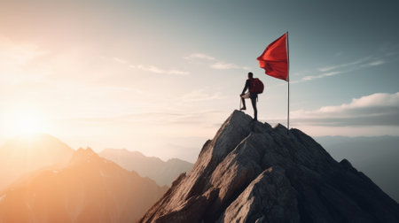 Businessman with flag standing on mountain top. Businessman climbing for business success goals. Generative AIの素材