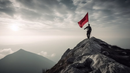 Businessman with flag standing on mountain top. Businessman climbing for business success goals. Generative AIの素材