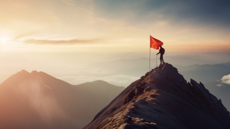 Businessman with flag standing on mountain top. Businessman climbing for business success goals. Generative AIの素材