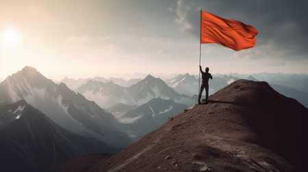 Businessman with flag standing on mountain top. Businessman climbing for business success goals. Generative AIの素材