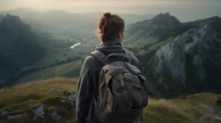 Rear view of a tourist woman with a backpack looking out at the mountains. Generative AIの素材