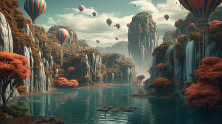Float landscape with waterfall paradise. Generative AIの素材