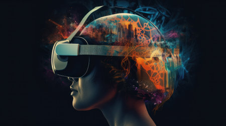 Vr headset double exposure metaverse. Generative AIの素材