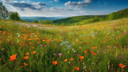 Beautiful spring landscape with colorful wildflowers. Generative AIの素材