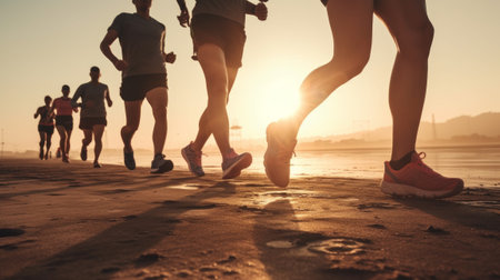 Close up legs runner group running on sunrise seaside. Generative AIの素材