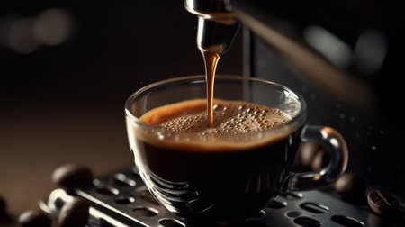 Close-up of espresso pouring from coffee machine. Generative AIの素材