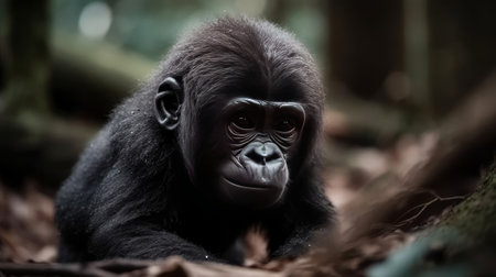 Cute baby gorilla in the forest. Generative AIの素材