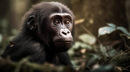 Cute baby gorilla in the forest. Generative AIの素材
