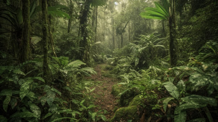 Footpath through dense tropical forest with lush green. Generative AIの素材