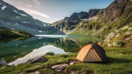 Campsite tent by the lake in mountains. Generative AIの素材