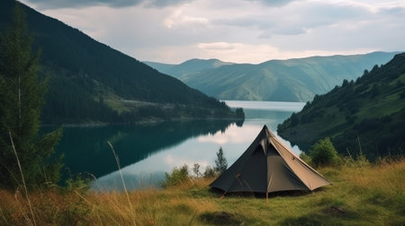 Campsite tent by the lake in mountains. Generative AIの素材