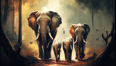 Elephant family walking together in the forest. Generative AIの素材