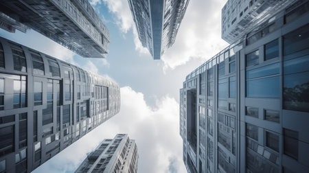 Futuristic Sky View Between Modern White Skyscrapers. Generative AIの素材