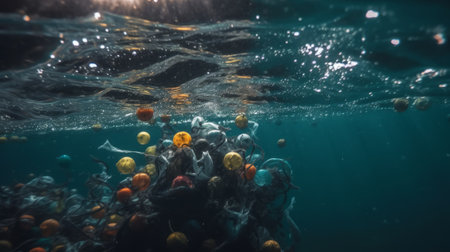 trash plastic bottles drifting in the ocean. Generative AIの素材