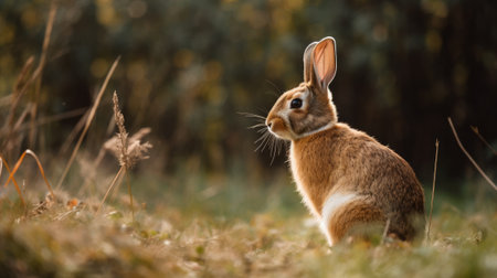Rabbit sitting on a grassy field. Generative AIの素材