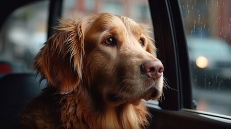 Hund schaut aus dem Fenster eines fahrenden Autos. Generative AIの素材